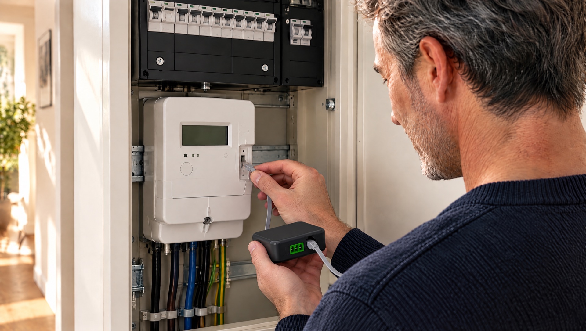 Een man klikt de dongel van EnergieSignaal in de P1-poort van zijn slimme meter