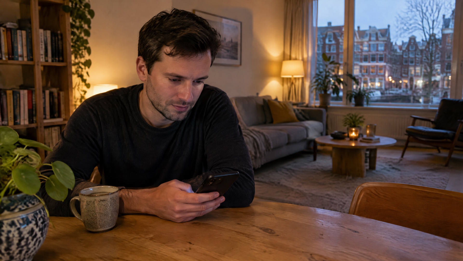 Man kijkt thuis op zijn telefoon