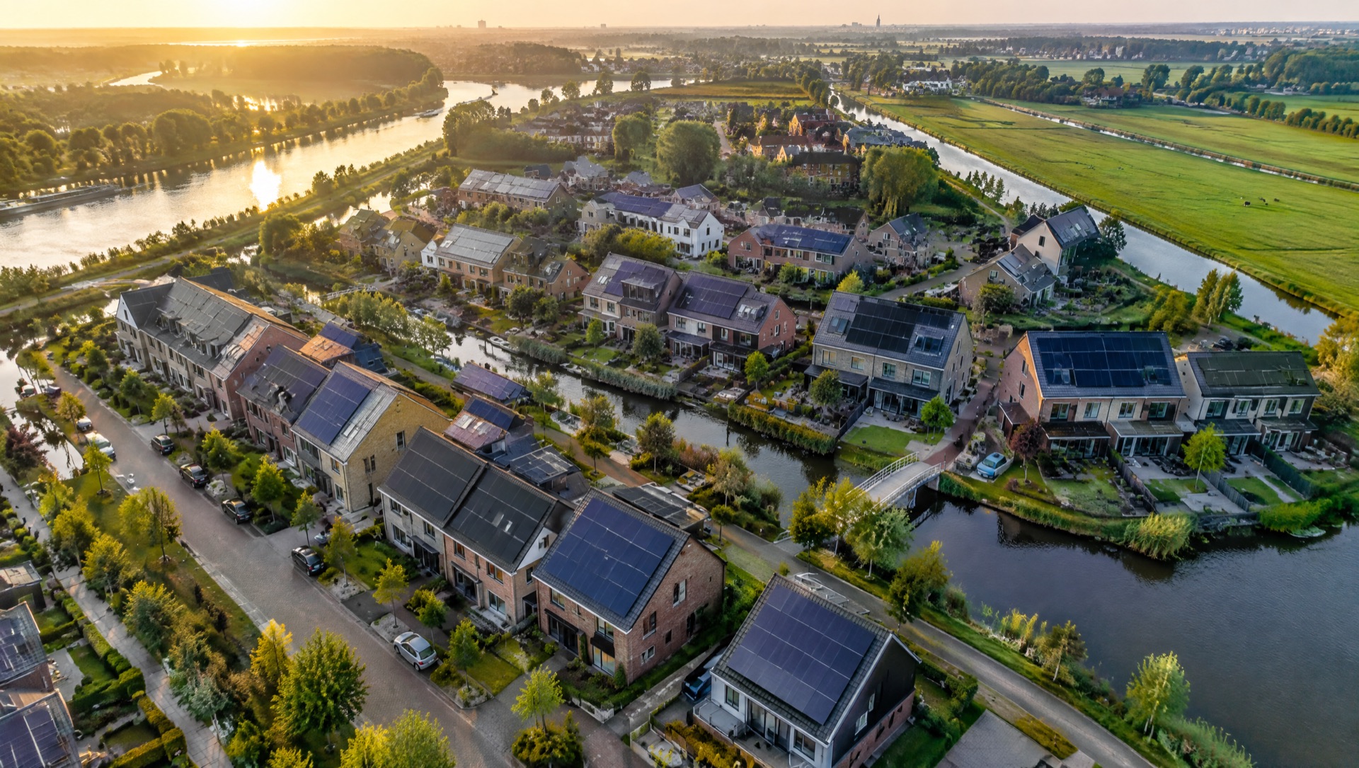 Luchtfoto van een Nederlandse wijk met zonnepanelen op de daken